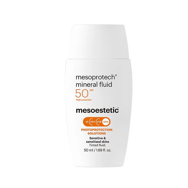 Mesoestetic mesoprotech® mineral fluid | Tonuotas mineralinė apsauga nuo saulės jautriai odai SPF50+ 50 ml