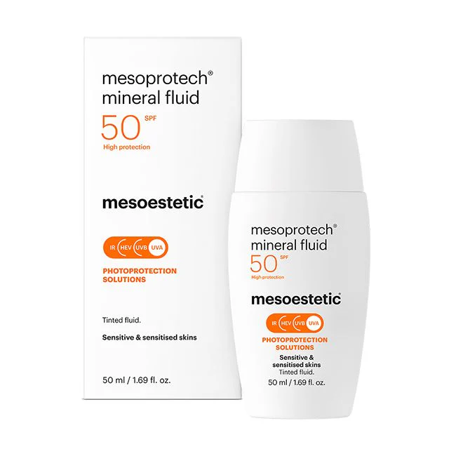 Mesoestetic mesoprotech® mineral fluid | Tonuotas mineralinė apsauga nuo saulės jautriai odai SPF50+ 50 ml