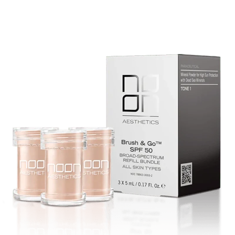 NOON Brush & Go Refill Pack SPF50 | Mineralinis SPF pudros užpildymas visiems odos tipams, šviesus atspalvis 01, 3 × 5 ml