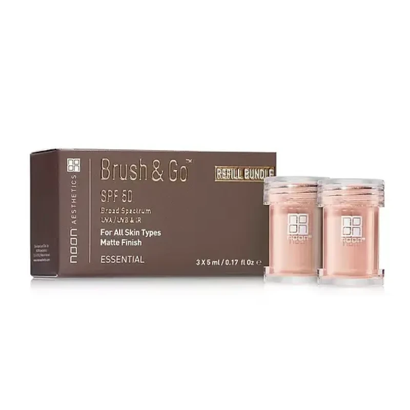 NOON Brush & Go papildymas SPF50 | Mineralinis SPF pudros užpildymas visiems odos tipams, vidutinė spalva 02, 3 × 5 ml