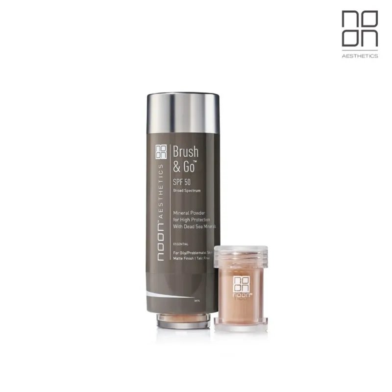 NOON Brush & Go papildījums SPF50 | Mineralinis SPF pudros įdėklas riebiai ir probleminei odai, vidutinis atspalvis 02, 3 × 5 ml